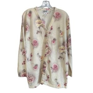 Gabriella T Cardigan Sweater M Cream Floral Rose Merino Wool Blend Made in Italy